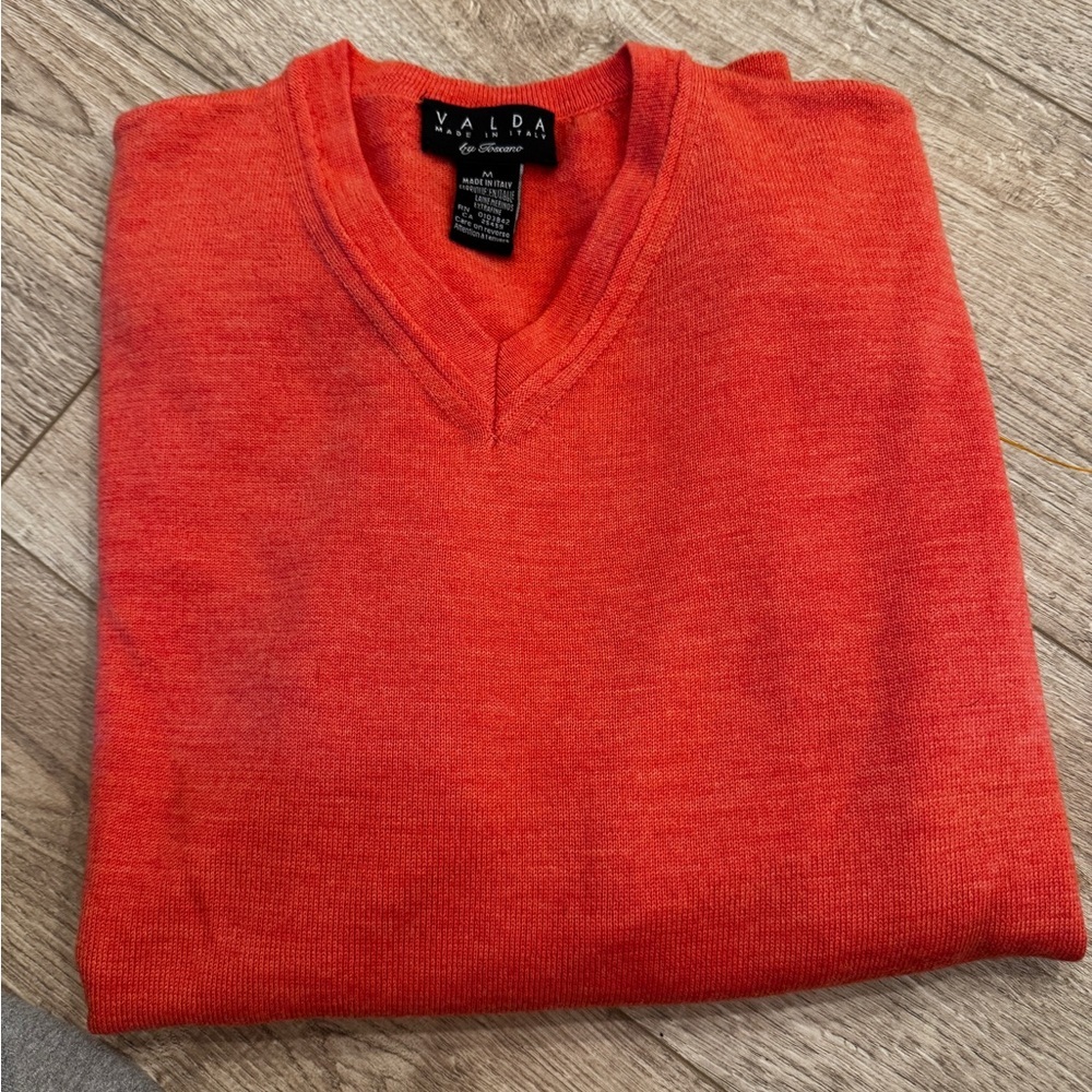VALDA Made In Italy By Toscano Merino Wool Orange V Neck Mens Pullover Sweater L